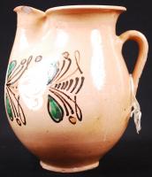 Régi, festett mintákkal díszített, mázas, népi vizes-boros kancsó /  Folkloristic ceramic jug, 17cm