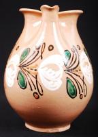 Régi, festett mintákkal díszített, mázas, népi vizes-boros kancsó / 
Folkloristic ceramic jug, 17cm