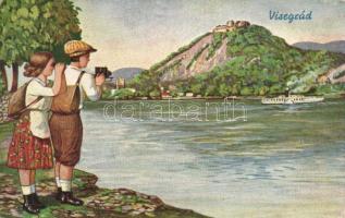 Visegrád, Duna, hajó, vár, fényképező pár, szignós / artist signed (fa)