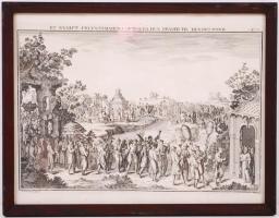 cca 1750 G. de Lode Sculpsit.: "Et nygift fruentimmers optog da hun drager til hendesmand". Kínai házassági jelenet, norvég illusztráció. Rézkarc, papír, üvegezett keretben /  Chinese wedding scene, copper engraving, framed, 23x29,5cm