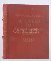 Leni Riefenstahl: Schönheit im Olimpischen kampf. Mit Zahlreichen Aufnahmen von den Olimpischen Spielen 1936. Berlin, 1937. Deutscher Verlag. 280+(4) p. Szinte teljes egészében Riefenstahl fekete-fehér fotói. Kiadói, aranyozott egészvászon kötésben (gerién kisebb hibákkal) /  Gold plated linen binding, illustrated (with minor faults)