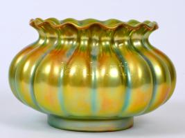 Zsolnay zöld eozin mázas kaspó, jelzett, hibátlan, m:11 cm, d:13 cm / Zsolnay eosin pot