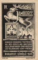 1933 Bélyegkereskedés reklámnyomtatvány ajándékbélyegekkel / Briefmarkenhandlung Jamboree Werbe-Faltkarte mit Geschenkmarekn eingeklebt
