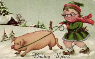 New Year, pig with girl litho (EB)