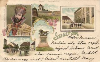 Szigetvár Városház tér, Zrínyi tér és szobor, várrom, Zrínyi Miklós, litho (b)