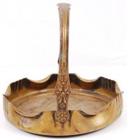 Régi réz fogós kínáló, üvegbetét hiányzik, d:20 cm, m:17 cm