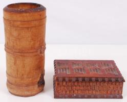 Régi fa mozsár és egy kis fa dobozka, vésett díszítéssel /  Vintage wooden mortar and a little wooden box, 18,5cm, 14x9,5x4,5cm