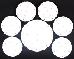 Zsolnay virágos süteményes készlet, jelzett, egyik tányér sérült, matricás