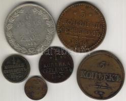Oroszország 1842EM Denga (1/2k) T:3+, 1852EM Denga (1/2k) T:3 hullámos, 1843EM 1k T:3+, 1840EM 3k T:3, 1832EM 5k T:3/4, Orosz/Lengyelország 1835. 1 1/2R/10Zl ezüst T:3/4 ph.