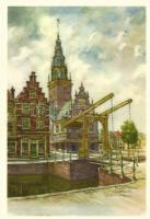 5 darabos régi holland, szignós városképes képeslapsorozat eredeti tokjában, "Képeslap a gyerme...