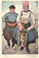 6 darabos régi holland, szignós folklór képeslapsorozat eredeti tokjában, "Képeslap a gyermekekért" / 5 Dutch artist signed, folklore postcards with case, "Postcards for children"