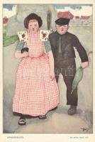 6 darabos régi holland, szignós folklór képeslapsorozat eredeti tokjában, "Képeslap a gyermekek...