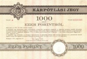 1991. Kárpótlási jegy 1000Ft-ról "A" sorozat (2x) egymás utáni sorszámmal T:I