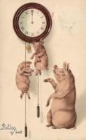 New Year, pigs with clock, litho