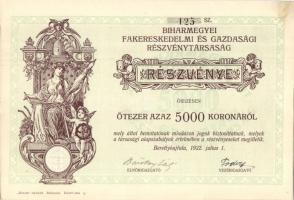 Berettyóújfalu 1922. "Biharmegyei Fakereskedelmi és Gazdasági Részvénytársaság" részvénye 5000K-ról szelvényekkel T:I-