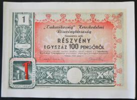 Debrecen 1940. "Takarékosság Kereskedelmi Részvénytársaság" bemutatóra szóló részvénye 100P-ről, szelvényekkel T:I