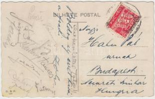 cca 1930 Az FTC futballcsapatának üdvözlő képeslapja Portugáliából a tagok aláírásával (Táncos, Kemény, Tátrai stb.)