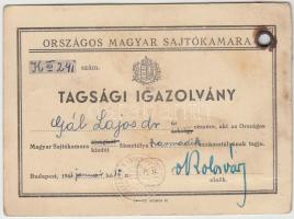 1942 Országos Magyar Sajtókamara fényképes tagsági igazolvány