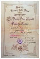 1917. Szász Ágoston alezredes "Vaskereszt II. Osztály" kitüntetése mellszalaggal és adomán...