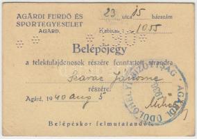 1940 Agárdi Fürdő és Sportegyesület belépőjegy a telektulajdonosok részére fenntartott strandra