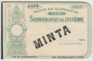 1933 Magyar Kir. Államvasutak szabadjegyminta