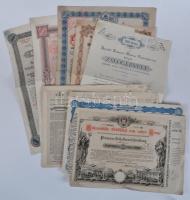 9 db értékpapír, benne magyar és külföldi, közte: Kolozsvár 1938. Első Bánáti Cipőgyár Részvénytársaság részvénye 25.000L-ről szelvényekkel, Bécs 1882.Osztrák Vöröskereszt kötvénye 10G-ről, záloglevelek, nyereménykötvények T:vegyes