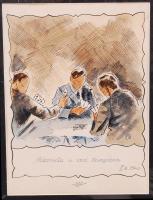 Pataki Dénes (1921-1975): Pókercsata. Akvarell-tus, papír, paszpartuban, 20×15 cm