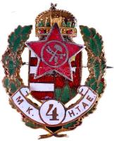 1919. "Magyar Királyi 4. Honvéd Tábori Ágyús Ezred" zománcozott sapkajelvény, átalakítással: előlapján 5 ágú vörös csillagban Eke-Kalapács díszítménnyel, hátlapján "MORZSÁNYI J. / BUDAPEST / ESKÜ-ÚT 5." jelzéssel (35x27mm) T:2 Hungary 1919. "4th Royal Hungarian Honved Artillery Regiment" enamelled cap badge. Sign.: MORZSÁNYI J. / BUDAPEST / ESKÜ-ÚT 5. (35x27mm) with a star shaped enamelled part with plow and hammer which was the early symbol of the Hungarian Soviet republic (system of government), it is a reshaped badge C:XF