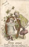 New Year, horseshoe, girls, mushroom, Emb. litho (fa)