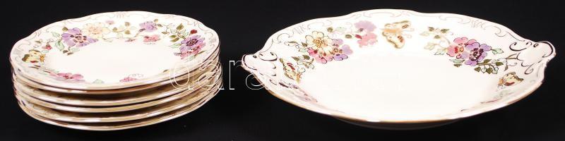 Zsolnay pillangó mintás süteményes készlet, kézzel festett, jelzett, hibátlan, összesen: 7db / Zsoln...