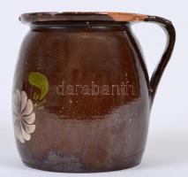 Régi lekváros köcsög, kézzel festett, jelzett, m:16 cm, d:13 cm