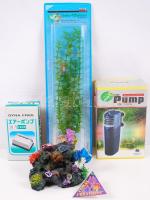 Akváriumi tétel: belsőszűrő (Pump HX), Air oxigén pumpa, akváriumi mű korall, mű növény / aquarium lot