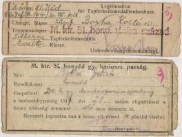 1917-1918. Igazolás bronz és ezüst vitézségi érem viselésére magyar, il. német nyelven