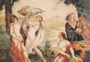 Prihoda István, Iványi Grünwald Béla: Fürdőzők. Színezett rézkarc, papír, több kisebb folt, üvegezet...