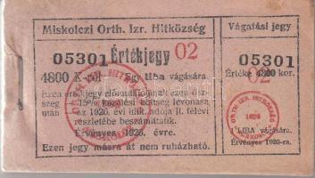 Miskolc 1926. Miskolczi Orth. Izr. Hitközség 100db-os tömbben vágatási jegy egy liba vágására, pecsételve, sorszámozva T:I,II