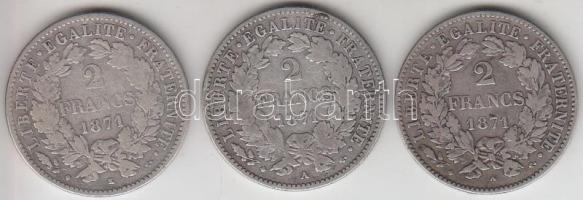 Franciaország / Modern Köztársaság 1871A 2Fr Ag + 1871A 2Fr Ag (közepes A) + 1871K 2Fr Ag T:2- France / Modern Republic 1871A 2 Francs Ag + 1871A 2 Francs Ag (middle A) + 1871K 2 Francs Ag C:VF