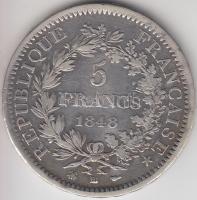 Franciaország / Második Köztársaság 1848BB 5Fr Ag "Herkules" Strasbourg T:2,2- France / Second Republic 1848BB 5 Francs Ag "Hercules group" Strasbourg C:XF,VF