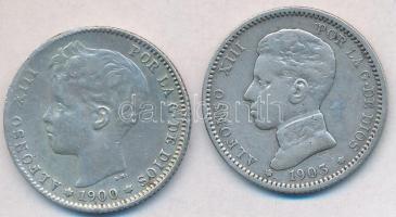 Spanyolország 1900 1P Ag + 1903. 1P Ag "XIII. Alfonz" T:3 Spain 1900. 1 Peseta Ag + 1903. 1 Peseta Ag "Alfonso XIII" C:F