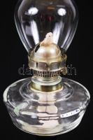 Öntöttvas talpú, üveg petróleumlámpa burával / 
Glass oil lamp on cast iron stand with shade, 45cm