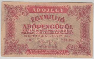 1946. 1.000.000AP vízjeles papíron, sorszámozott, fordított címerrel T:III