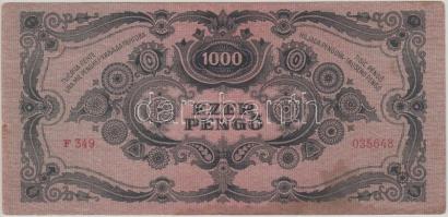 1945. 1000P vörös "MNB" bélyeggel, sorozatszámban egyenes tetejű 3-as szám T:III