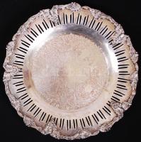 Antik stílusú, jelzett, ezüstözött réz tálka /  "Old English Reproduction" silver plated copper plate, d: 18cm