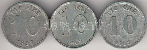 Svédország 1897. 10ö Ag + 1902. 10ö Ag + 1907 10ö Ag T:2,2- Sweden 1897. 10 Öre Ag + 1902. 10 Öre Ag + 1907 10 Öre Ag C:XF,VF