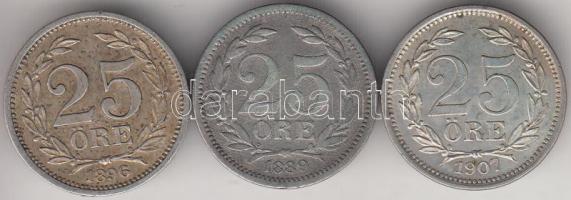 Svédország 1889. 25ö Ag + 1896. 25 ö Ag + 1907. 25ö Ag T:2,2- Sweden 1889. 25 Öre Ag + 1896. 25 Öre Ag + 1907. 25 Öre Ag C:XF,VF