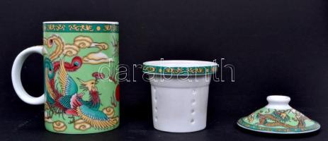 Kínai motívumokkal díszített, porcelán teásbögre szűrővel /  Porcelain tea mug and filter with Chinese motives, 15cm