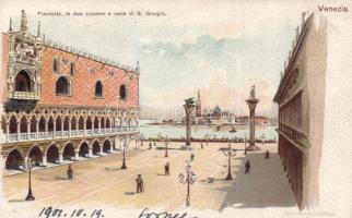 Venice, Venezia; Piazzetta, le due colonne e isola di S. Giorgio; litho