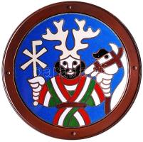 1988. "Emlékérem első királyunk Szent István halálának 950. évfordulójára a Szent Jobb országjárásának emlékére 1038-1988 / Szent István lóval és Krisztogrammal" patinázott és zománcozott vörösréz érem sztokban, tanúsítvánnyal. Szign.: Papp László (70mm) T:PP csak 600db! Hungary 1988. "950th Anniversary of the death of Saint Stephen" enamelled copper commemorative medallion in original case, with certificate. Sign: László Papp (70mm) C:PP only 600 examples!