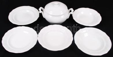 cca 1900 Századfordulós jelzett karlsbadi porcelán levesestál hozzávaló 5 db tányérral / Karlsbad china soup-pan with 5 plates