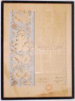 1932 A IV. országos Kézműipari Kiállítás és Vásár ezüstkoszorús mesteri címe a Tamáska testvérek cípészmestereknek. Nagyméretű litho oklevél üvegezett keretben. 40x60 cm