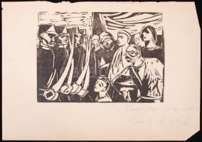 Engel Teván István (1936-1996): Katonákkal szemben. Linómetszet papír. Jelzett. 25x18 cm